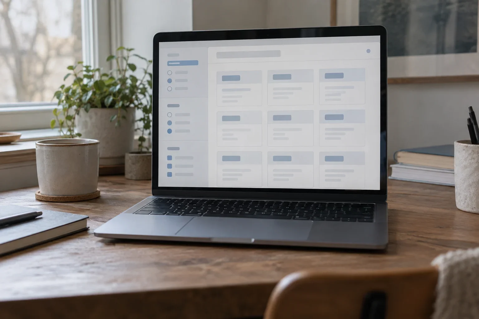 AI-generated illustration; not taken on location · A conceptual dashboard of a name generator with gender, origin, and style filters on the left and a grid of name cards on the right.