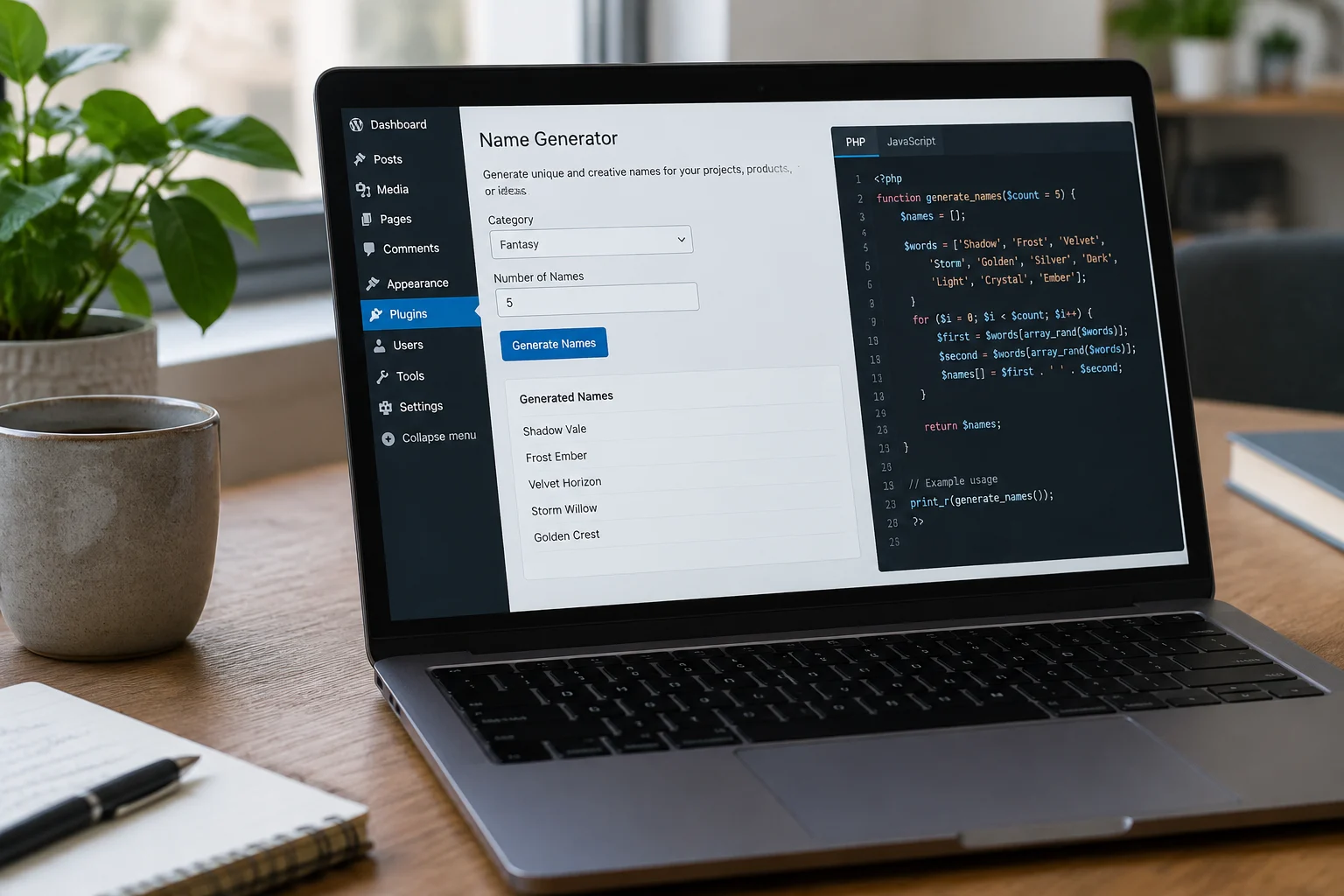 AI-generated illustration; not taken on location · An illustrative scene of a WordPress plugin interface with a name generator widget and code snippets.