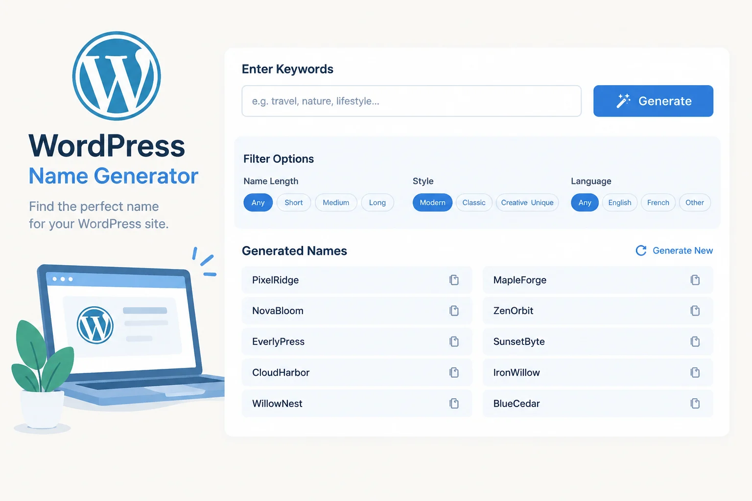 AI-generated illustration; not taken on location · Stylized illustration of a WordPress name generator interface with input fields, filter chips, and a list of generated names